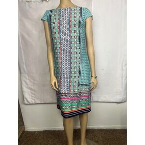 Cato Womens Small Multicolor Geometric Tile Print Sheath Dress Cap Sleeve Zip
